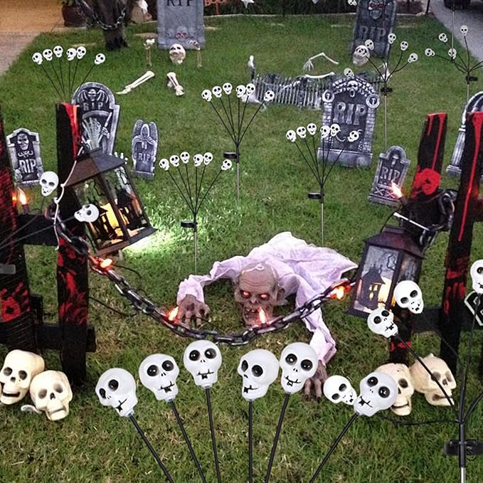 Halloween Solar Pathway Lights 2PK 12 LEDs Solar Outdoor Garden Stake Lights,Waterproof Pathway Light for Halloween Party Home Yard Patio Decorations Skull