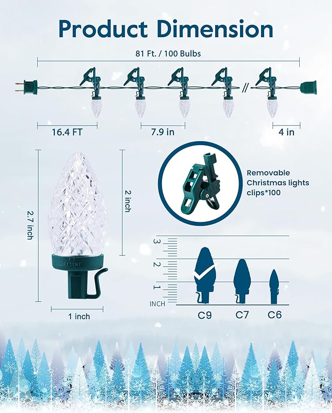 C9 Christmas Lights Outdoor with 100 Spring Clips 65FT 100 LED, C9 String Lights Waterproof Connectable Commercial Grade for Outside House Roof Patio Garden Yard Outdoor Christmas Decorations, White