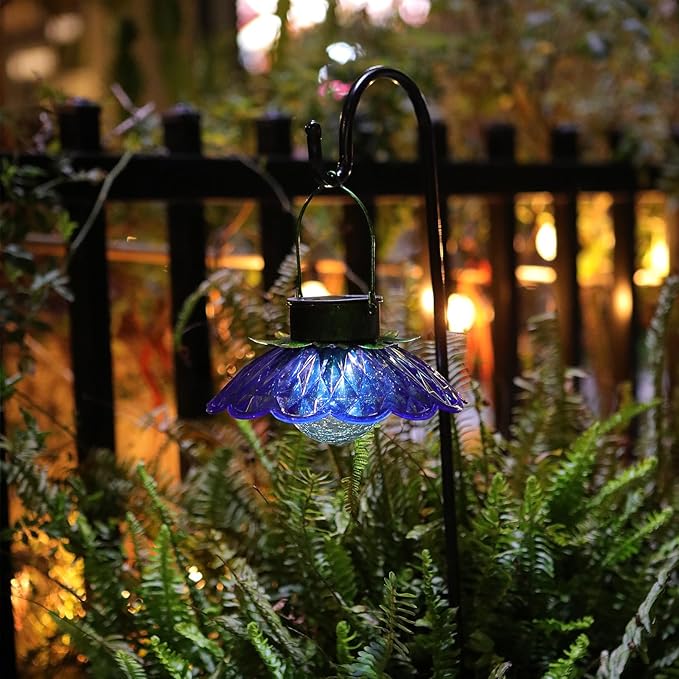 XUWEN Solar Lights Outdoor Waterproof - Blue Solar Flower Lights with Crackle Globe Glass Light, Hanging Lanterns | Lumora