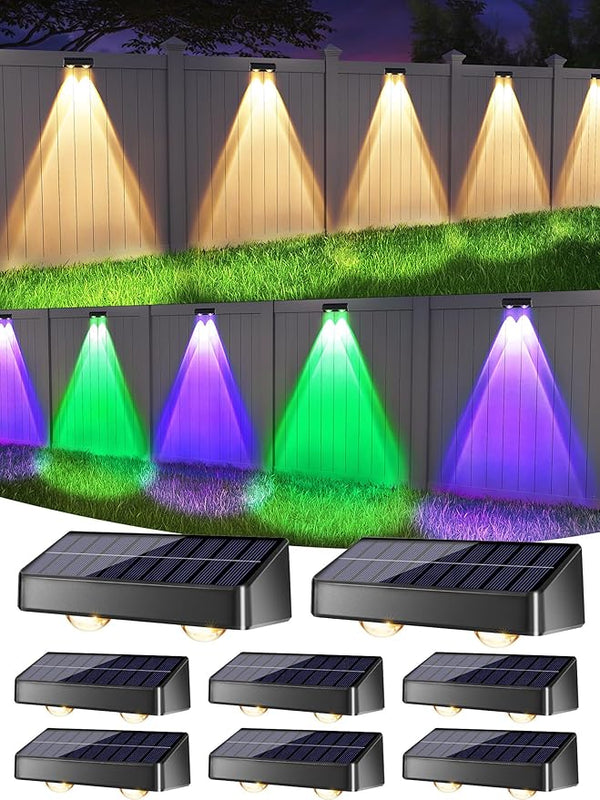 ODEETRONIC Color Changing Solar Fence Lights - 8 Pack 9 Color Outdoor Patio Lights with 11 Mode, RGB + Warm & Cool | Lumora