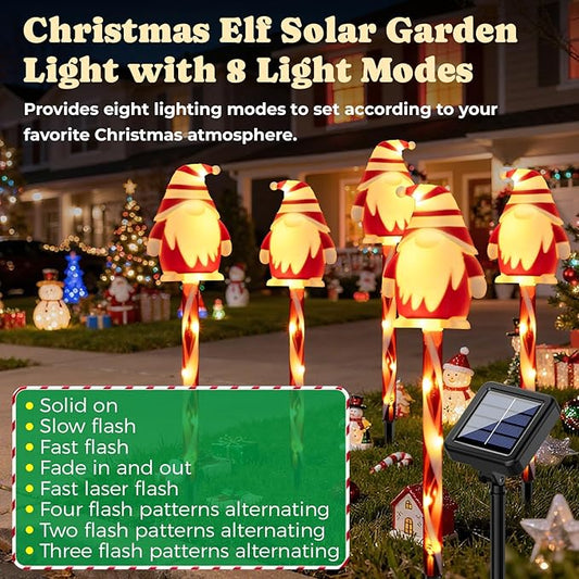 5 Packs Christmas Elf Solar Garden Light with 8 Light Modes, 15.75 Inches Tall Christmas Patio Outdoor Light, IP65 Waterproof, Auto ON/Off, Solar Xmas Light for Pathway, Courtyard