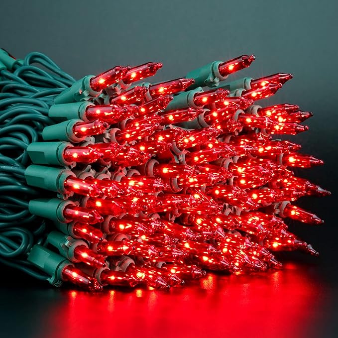 YULETIME 200 Red Christmas Lights, Pack of 2 Sets 33 Feet 100 Count UL Certified Incandescent String Lights (Red - Green Wire)