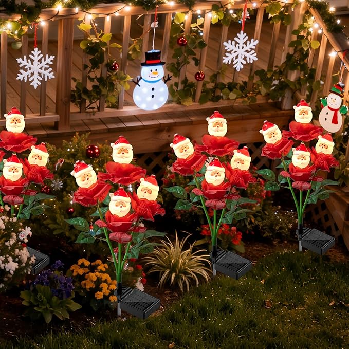 2 Packs Christmas Rose Solar Garden Light with Santa Claus, 27.4 Inches Garden Solar Light Outdoor for Christmas Decoration, Auto ON/Off, IP65 Waterproof, Suitable for Courtyard, Pond, Walkway