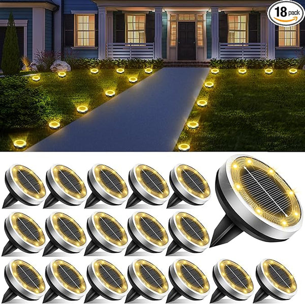 Solar Lights Outdoor Waterproof, 18 Pack 8 LED, Thickened Stainless Steel Ground Light, Solar Garden Lights | Lumora