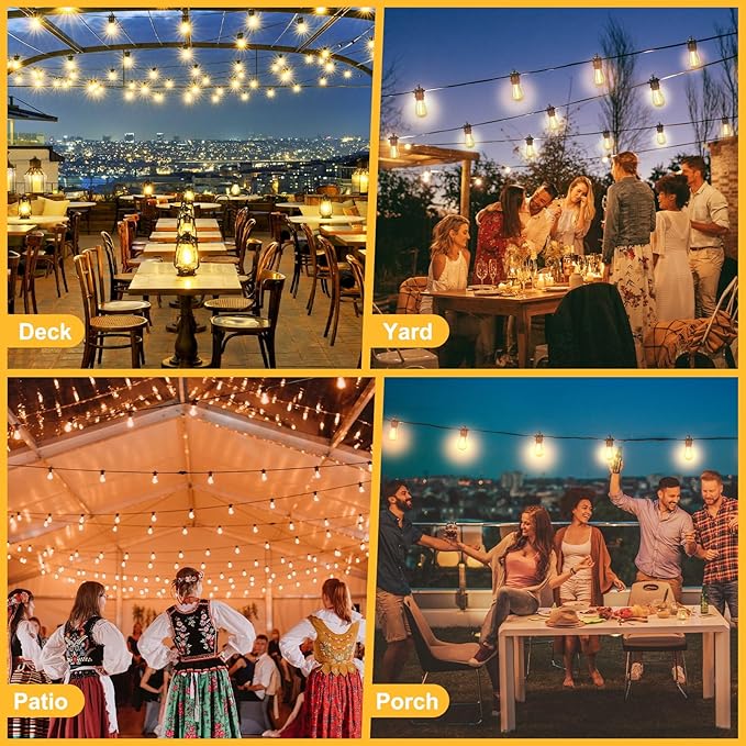 Outdoor String Lights Waterproof, 50ft Patio String Ligths for Outside with 17 (2 Spare) Replaceable E12 Bulbs Shatterproof, 2700K Warm White Great for Balcony, Gazebo, Yard, Porch