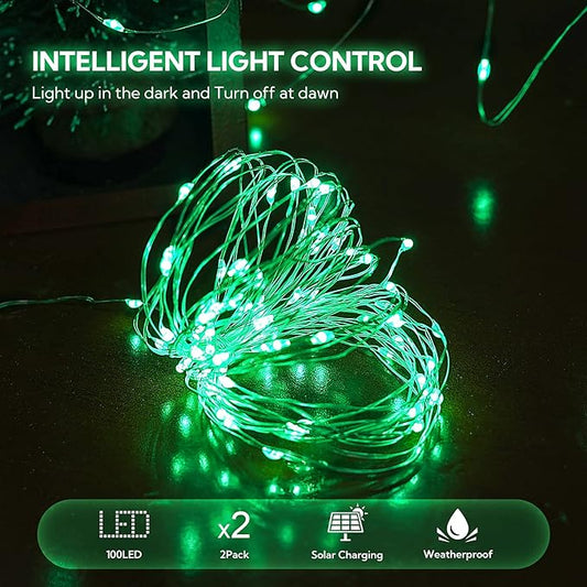 Woohaha 2 Pack 100 LED Solar Green String Lights, 33ft Waterproof Green Solar Fairy Lights for Christmas Tree Party Wedding Halloween St. Patrick's Day Decor