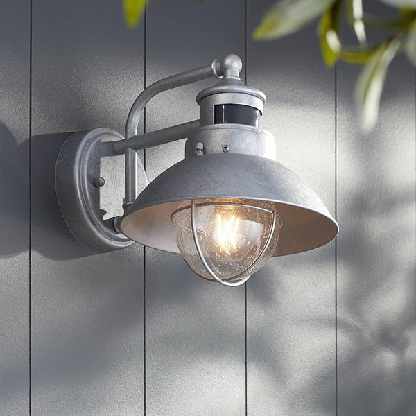 John Timberland Oberlin Rustic Industrial Farmhouse Outdoor Barn Light Fixture Galvanized Dusk to Dawn Motion | Lumora
