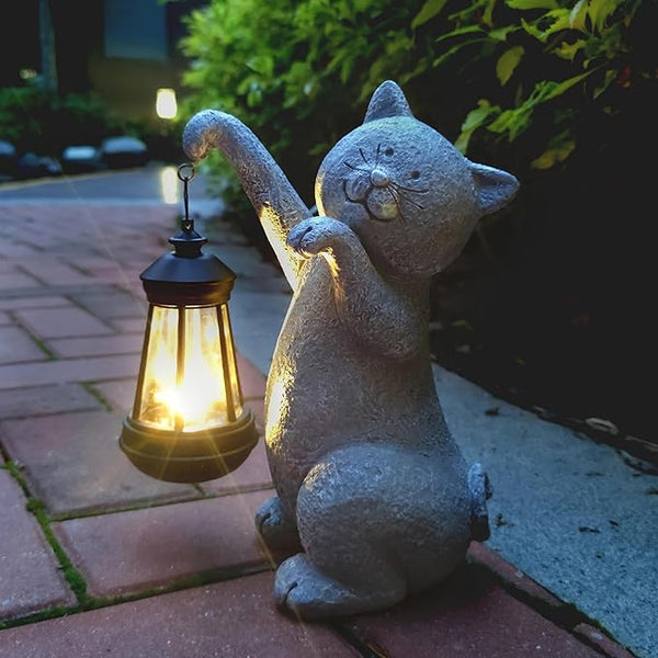 Cat Solar Garden Statues,Resin Cat Figurine Decorations with Solar Lights Lantern, Outdoor Figurines Lawn Cats | Lumora