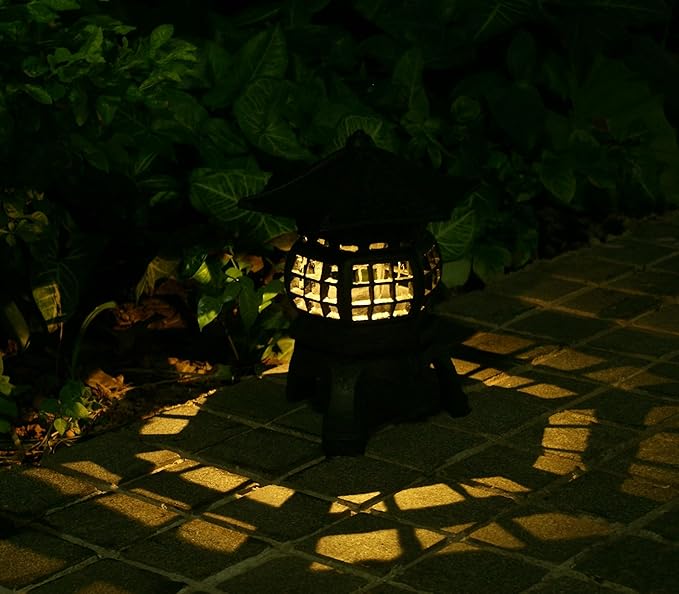 TIAAN Japanese Garden Lantern, “Yukimi-gata” Designed, Super Bright LED Illuminated Pagoda Light, Solar Power Garden Lantern, Stone-Look Finish, Decorative Outdoor (Oki-gata)