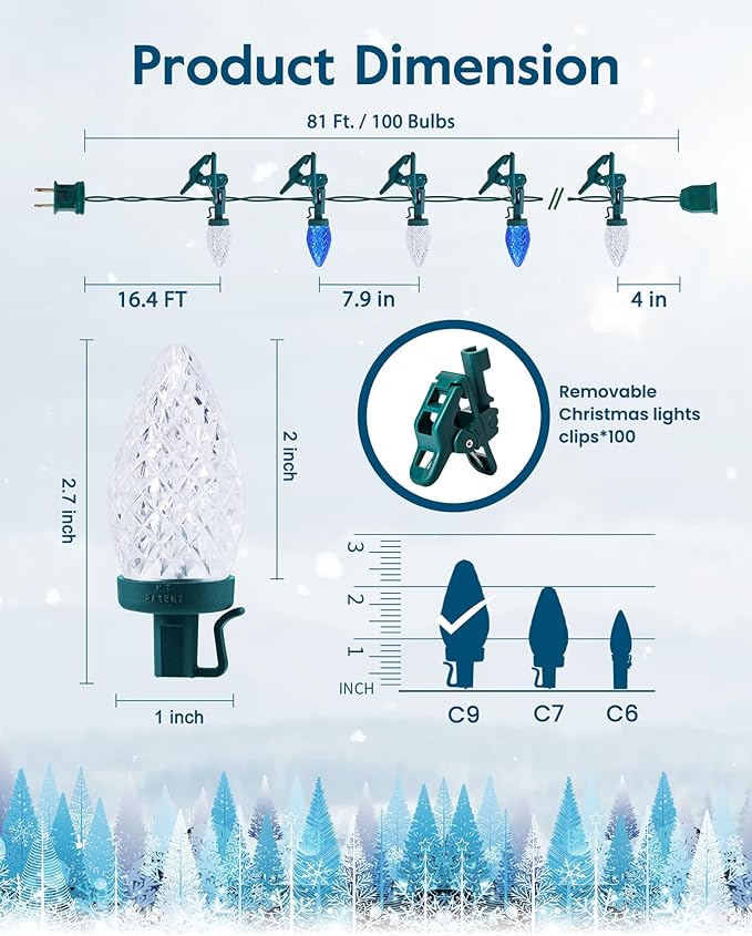 C9 LED Christmas Lights Outdoor with 100 Spring Clips, 65FT 100 LED C9 String Lights Waterproof Connectable for Outside Roofline Patio House Yard Windows Outdoor Christmas Decorations, Blue White