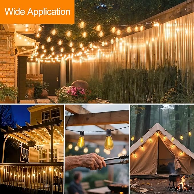50FT Outdoor String Lights for Outside Patio Lights with 12+1 Shatterproof S14 E12 LED Bulb, 2700K Outside Hanging Light Waterproof for Parties Porch Garden Fences Backyard