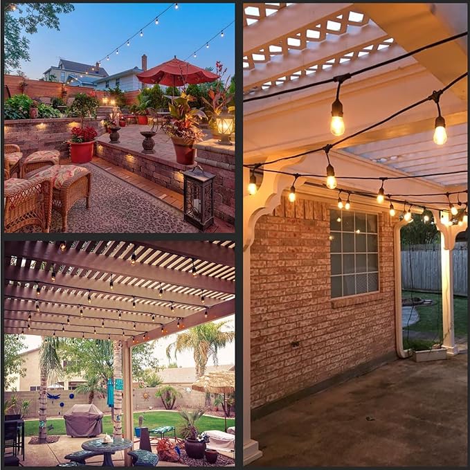 YULETIME 35 Feet 18 LED Solar Powered Patio String Lights, E26 Base with S14 Bulb Dimmable Weatherproof Backyard Light Bistro Lights (18 Lights - Solar Powered)