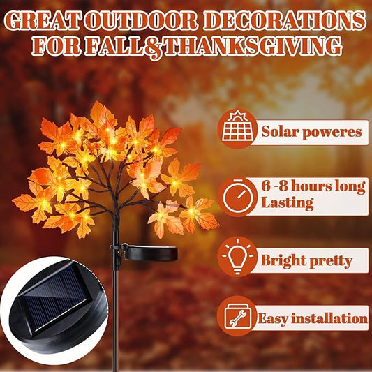 VIHOSE 4 Pcs Fall Maple Outdoor Solar Lights Thanksgiving Decorations LED Tree Lights Powered Solar Stake Waterproof for Outside with Adjustable Branches Autumn Decorations for Yard Lawn Patio