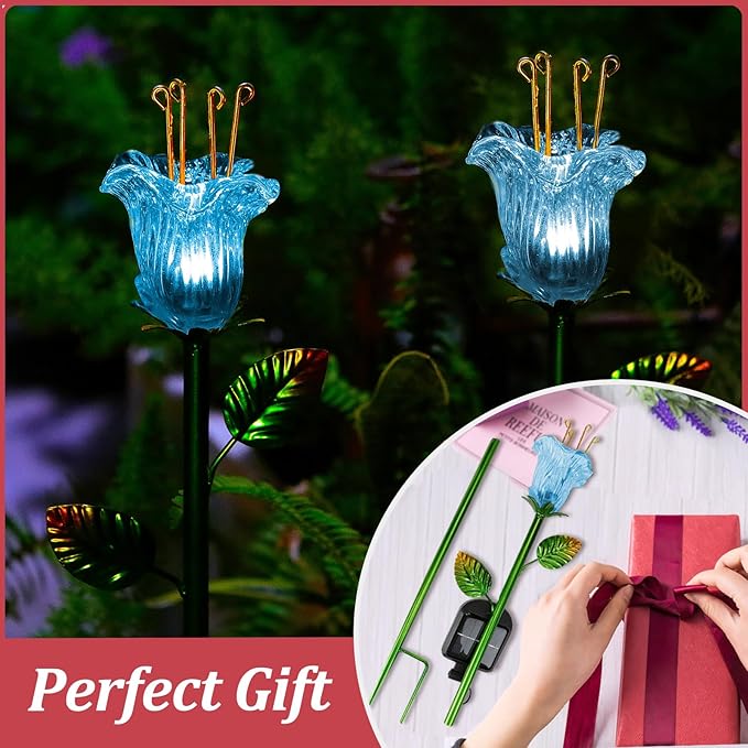 Garden Solar Stake Lights Outdoor, 2 Pack Solar Powered Metal Stake Lights with Blue Bell Glass Lily LED Decorative Garden Lights for Walkway,Pathway,Lawn, Courtyard