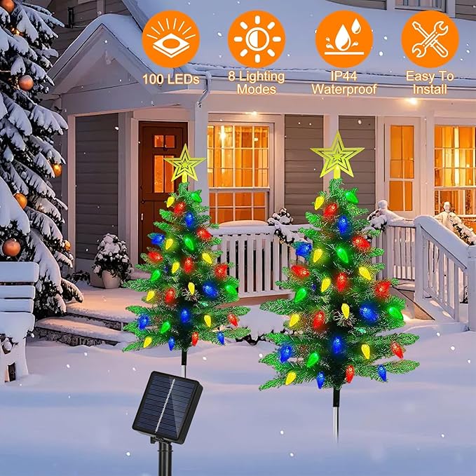 2 Pack Solar Christmas Decorations Tree Lights, Upgraded Outdoor Solar Stake Decorative Lights Xmas Tree W/100 LED-RGB Lights, 8 Lighting Modes & IP65 Waterproof, for Garden Pathway Lawn Patio
