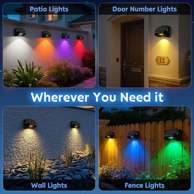 6 Pack Solar Fence Lights Outdoor, Solar Deck Lights with RGB 10 Mode, Waterproof Fence Light for Outside Stairs Backyard Patio Pool Railing Outdoor