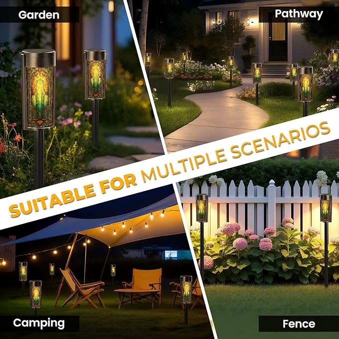 8 Pack Solar Pathway Lights Outdoor Waterproof Stained Glass Window Cactus Sunset Desert Western Motifs Solar Garden Lights LED Landscape Lighting for Yard Walkway Lawn Garden Decor