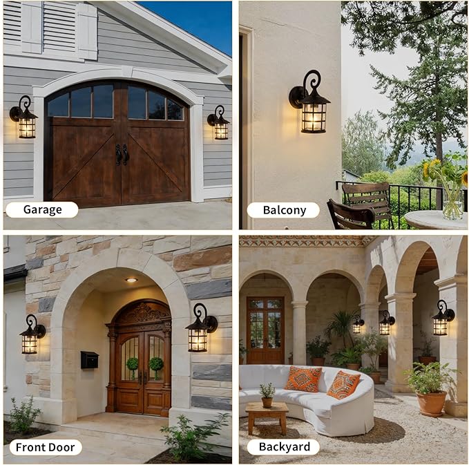 Outdoor Wall Light Fixture 2packs 9.9" Exterior Porch Lights Lantern Sconce with Seeded Glass Shade Wall Mount Outside Lights for Garage Front Door Pathways Balcony Patio Street Cafes