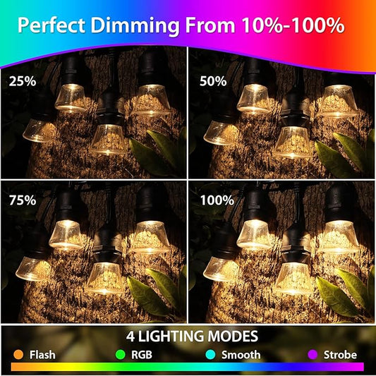 2-Pack Each 48FT Outdoor RGB Patio Lights, Cafe LED String Lights with 30+5 E26 Shatterproof Waterproof Bulbs, Christmas Colorful Dimmable String Lights for Bistro Backyard Garden, 3 Remotes, 96 FT