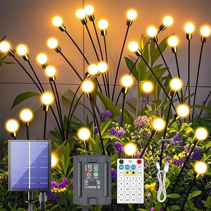 New Upgraded Solar Firefly Lights Outdoor Waterproof 6 Pack 48 LED 19 Modes USB Rechargeable Solar Garden Lights with Remote Timer Dimmable for Yard Patio Landscape Outside Decorations Light, Warm