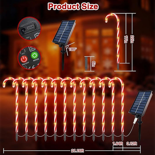 COOLWUFAN 24 Pack Solar Christmas Candy Cane Lights Outdoor Decorations, Christmas Pathway Lights with 168 Warm Lights, Waterproof Xmas Decor Marker Lights for Yard, Garden, Walkway, Lawn