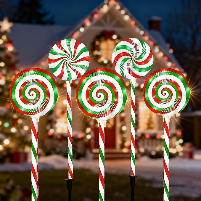 Christmas Lollipop Pathway Lights-5 Pack Solar Powered Outdoor Garden Path Lights Xmas Candy Cane Landscape | Lumora