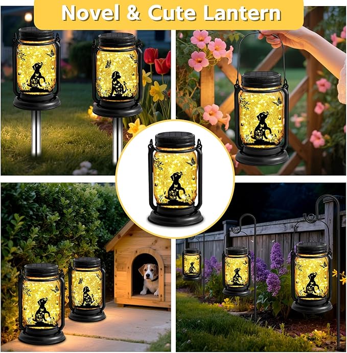 Dog Solar Lanterns 3-in-1 Outdoor Waterproof - Birthday Gifts for Dog Lovers Women Mom Christmas, Mason Jar Hanging Lanterns with Stake, Garden Decor Lights for Patio Yard Balcony Decorations