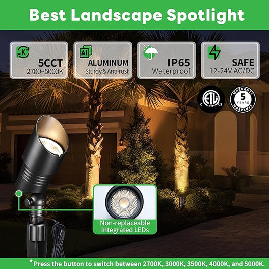 Landscape Spotlights Low Voltage - Warm & Cool White Adjustable Temp Uplight, Outdoor 12V LED Spot Lights, Wired IP65 Waterproof Aluminum, Black for Exterior House Tree Garden Yard