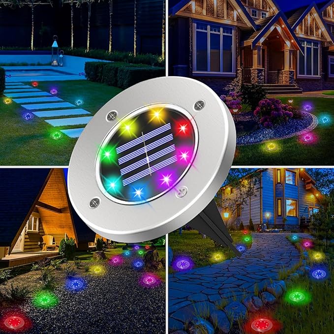Color Changing Solar Ground Lights Outdoor, 4 Pack 8 LED Color Changing Solar Disk Lights Waterproof Garden | Lumora