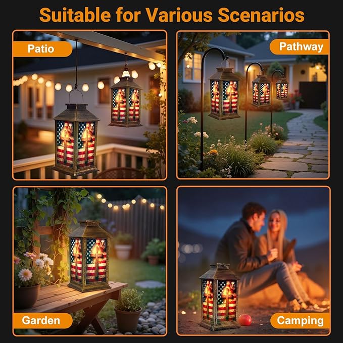 Solar Lantern Outdoor Waterproof Christian Cross American Retro Patriotic Independence Day 4th July Garden Decor LED Solar Lights Hanging/Tabletop Lamp Gifts for Women Mom for Outside Yard Patio