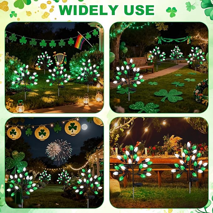 4 Pcs ST Patricks Day Solar Pathway Lights Outdoor Decorations 28" Irish Shamrock Stake Light Waterproof Yard 8 Modes 80 LEDs Green White Tree for Walkway Path Garden Patio Decor