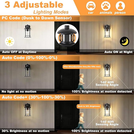 OKELI Patio Wall Light Fixture with Dual GFCI Outlets, Outdoor Light with Outlet, Motion Sensor Dusk-to-Dawn, Vintage Industrial Black Lantern, for Porch Patio Garage (2 Pack)