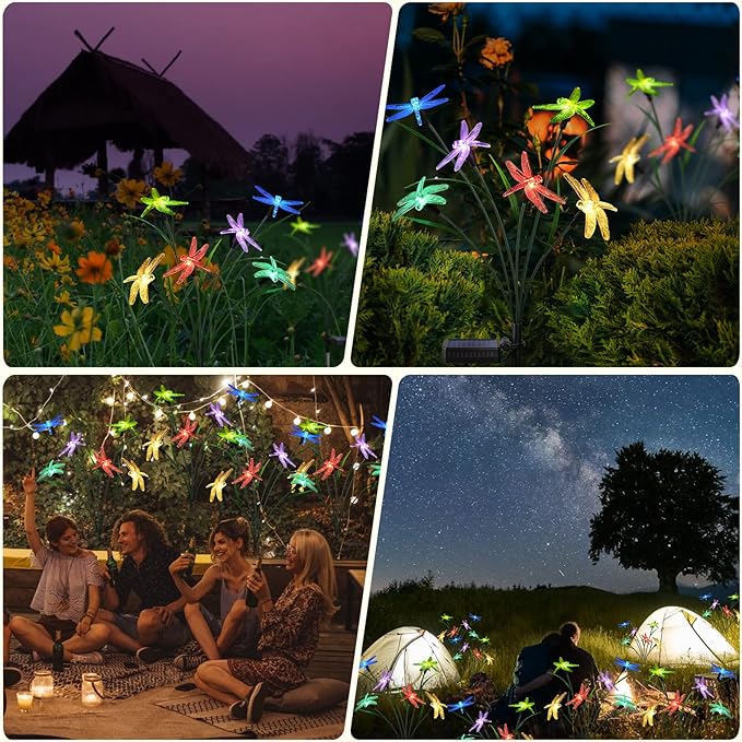 2PCS Outdoor Solar Lights, Waterproof Solar Lights Outdoor Pathway, Solar-Powered Garden Swing Dragonfly Decorative Lights for Yard Balcony Flower Bed, Gardening Gift for Plant Lovers