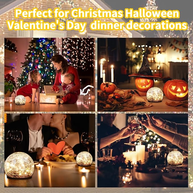 Solar Garden Lights, Cracked Glass Solar Globe Lights, Waterproof Warm White LED Ball for Yard Pathway Patio Lawn Halloween Christmas Outside Decor (Warm Colors, 2 Pack 5.91")