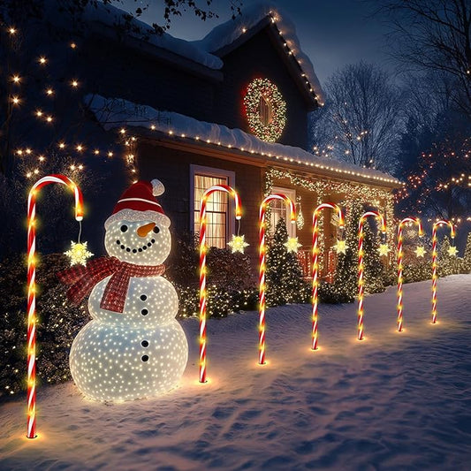 HELESIN Light Chain Candy Cane, 10 Pieces Raised Design Candy Sticks LED Outdoor, 110LED 12 Modes Candy Sticks Lighted, Waterproof Snowflake Christmas Lighting for Garden Christmas Decor