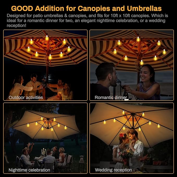 LED Canopy and Umbrellas Lights, 23 Ft LED Outdoor String Lights with Shatterproof Plastic 8LED C7 E-12 Light Bulbs, Waterproof, C Battery Powered, Super Bright to Display at Night Outdoors
