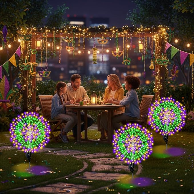 3 Pack Mardi Gras Solar Firework Lights 120 LED 8 Modes Waterproof Multicolor Mardi Gras Solar Stake Lights Outdoor Landscape Lamp for Garden Yard Patio Pathway Lawn Carnival Decoration