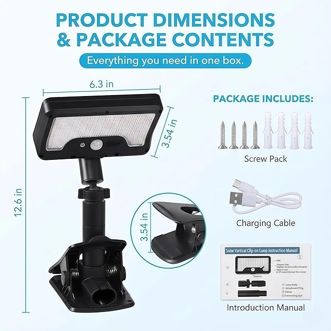 Solar Lights Outdoor, Motion Sensor Clip On Lights for Fence Gutter, 92 LED 600LM IP65 Waterproof Security Lights, Solar Powered Motion Activated Light for Deck Patio Yard (2)