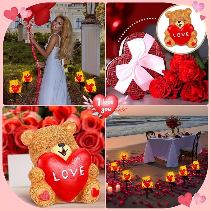 VIHOSE Valentine's Day Solar Bear with Heart Garden Stake Lights Love Themed Bear with Heart Outdoor Solar Lights Waterproof Statue Figurine Garden Art for Home Patio Outdoor Decoration