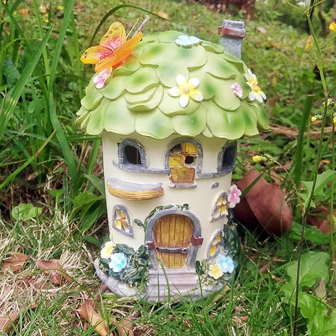 Solar Garden Figurine Lights, Large Resin Mushroom House Decorative Statue Waterproof Outside Ornament for Patio Yard Lawn Balcony (Green)