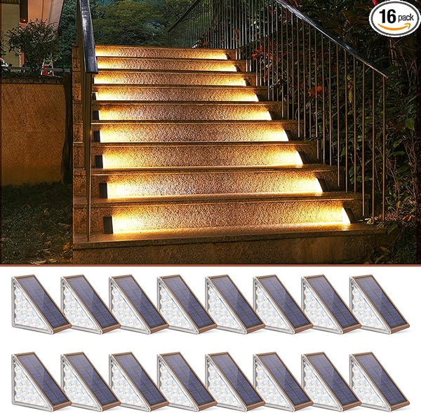 NIORSUN Outdoor Stair Lights 16 Pack, Solar Step Lights IP67 Waterproof with 13 Bright LEDs, 3000K Warm White, Auto | Lumora