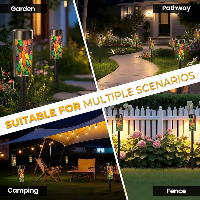4 Pack Solar Pathway Lights Outdoor Waterproof Sketch Colorful Stained Glass Window Abstract Stained Glass Art Solar Garden Lights LED Landscape Lighting for Yard Walkway Lawn Garden Decor