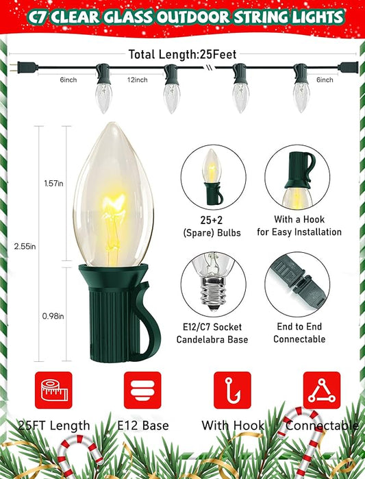 25Ft Clear Chritsmas Lights Outdoor, C7 Vintage String Lights with 27 Clear Incandescent Bulbs, Hanging Patio Lights for Porch Roofline Christmas Tree Garden Pathway Indoor Decor