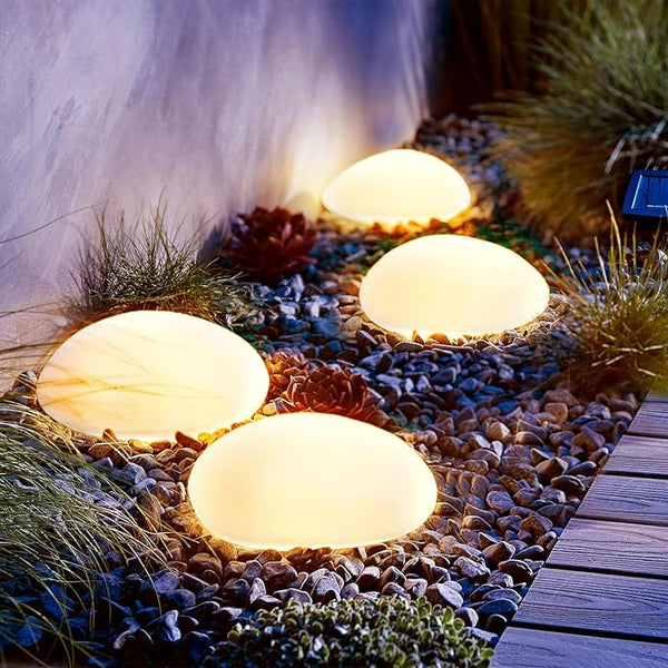 SUNNYPARK Solar Garden Lights Outdoor Set of 4 Plastic Pebble Shape Decorative Rock Lights Waterproof - Warm White | Lumora