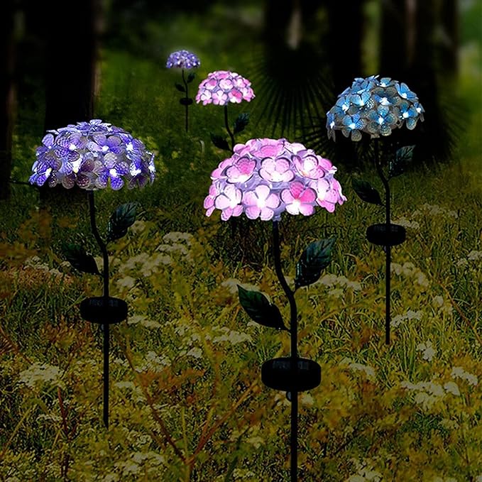 Solar Garden Lights Metal Flower Garden Stake Yard Art,Solar Hydrangea Stake Lights,Hydrangea Flowers Metal Stake With Solar Lights Outdoor,Waterproof LED Lights For Garden,Lawn,Patio,Courtyard ( Colo