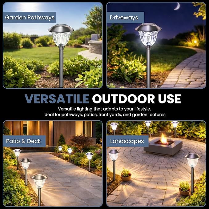 Energizer Solar Outdoor Garden Lights - 10 Pack LED Driveway Solar Lights with 10 Lumen Output, Patterned Glass & Metal Finish, Waterproof & Easy to Install Garden Lights for Outside - Stainless Steel