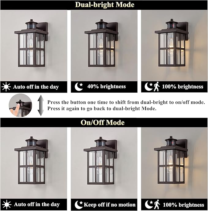 MICSIU Bronze Motion Sensor Outdoor Wall Light 2 Pack, 11.75" Dusk to Dawn Exterior Wall Sconce with 3 Modes, Clear Glass Anti-Rust Porch Light for House, Garage, Oil Rubbed Bronze, 2-Pack