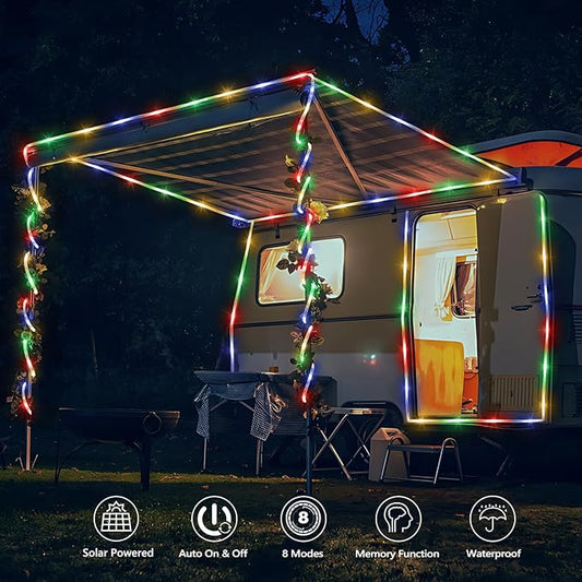 Solar Rope Lights, 33ft 100LED Solar String Lights, 8 Modes Waterproof Solar Powered Outdoor Light, Flexible Clear Tube Light for Garden, Backyard, Patio, Deck, Porch, Pool, Tree Decor - Multicolor