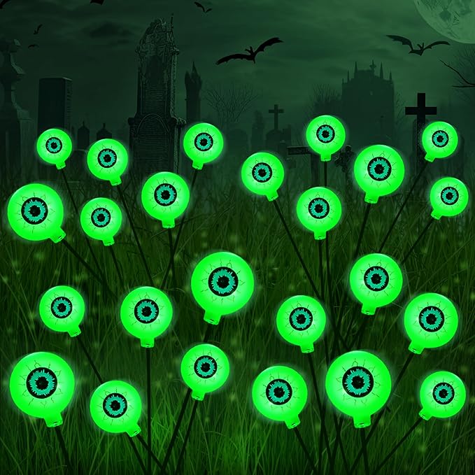 JOYIN Halloween Decorations Outdoor Solar Scary Eyeball Lights, 4 Pcs 24LEDs Green Pathway Yard Stakes, Waterproof Firefly Lights for Halloween Graveyard Yard Garden Patio Walkway Party