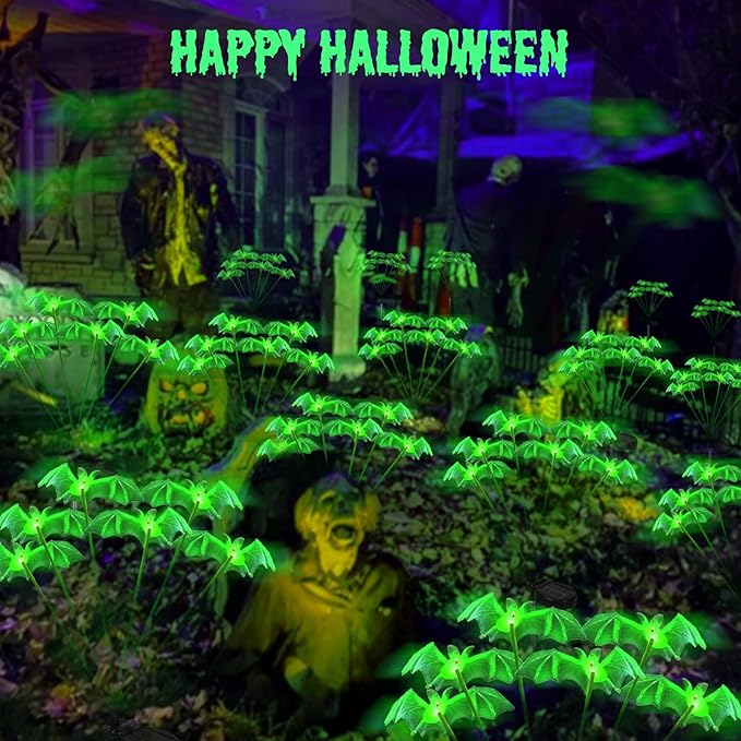 2Pack Solar Bat Garden Lights for Halloween Decorations outdoor,12LED 3D Scary Light up Flying Bats Outside Decor, Solar Bats Path Lights for Home Garden Porch Yard Lawn Halloween Party Gifts Decor